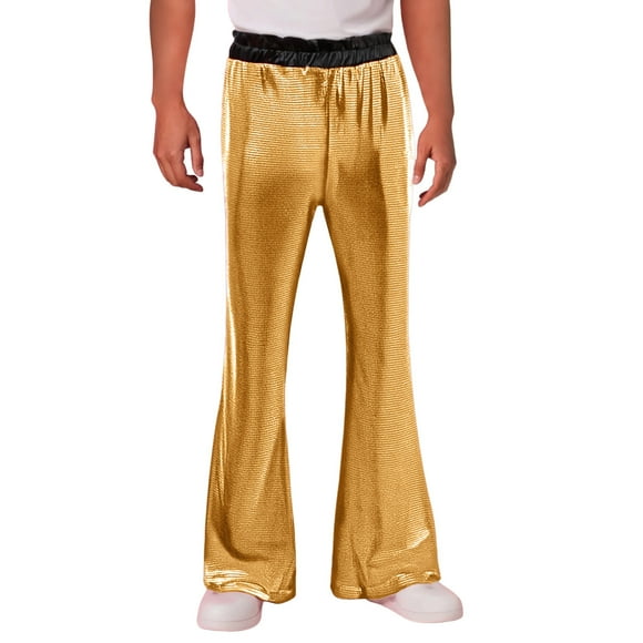 Wdgfv Mens Metallic Glitter Wide Leg Trousers Performance Shiny Disco Pants Gold XL