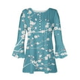 thumbnail image 4 of Women's Dressy Tops Vintage Summer Clothes for Teen Girls Fashion 2024 Boho Flora Print 3/4 Flare Sleeve Flowy Pleated Shirts Henley Neck Tunic 1/4 Button up Blouse Blue T Shirts XXL, 4 of 5