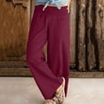 thumbnail image 2 of Timoontee Women's Linen Elastic Waist Wide Leg Pants with Pockets Loose Fit Palazzo Long Trousers Summer Beach Yoga Pants Wine M, 2 of 7