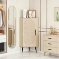 thumbnail image 3 of Small Corner Table Wood Bathroom Floor Cabinet Space Saving Corner Organizer Shelf with Carved Rattan Door for Kitchen Bedroom and Narrow Spaces (Natural), 3 of 7