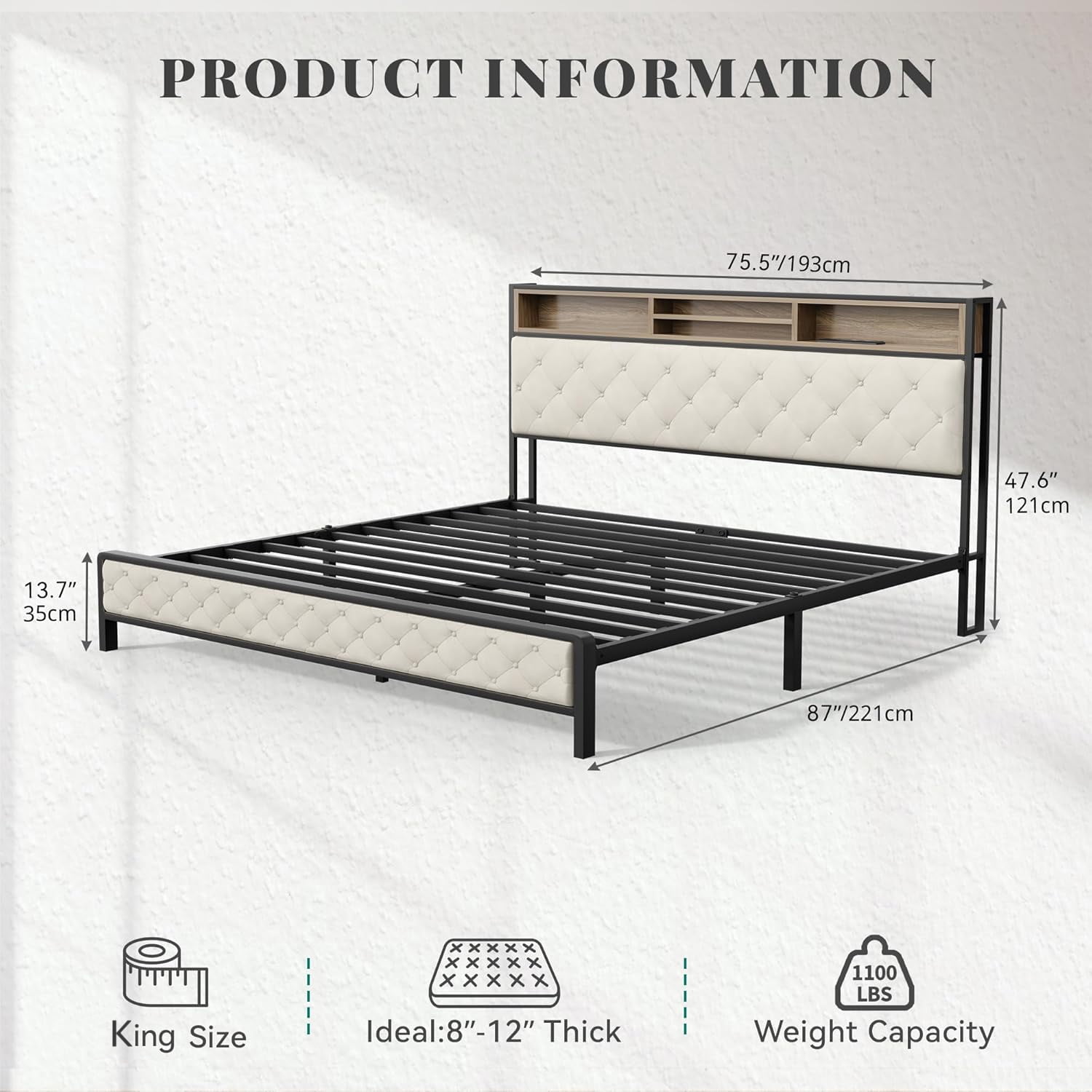 Newest King Size Platform Bed Frame with Charging Station - Beige Upholstered Storage Headboard for Master Bedroom & Guest Room Organization​