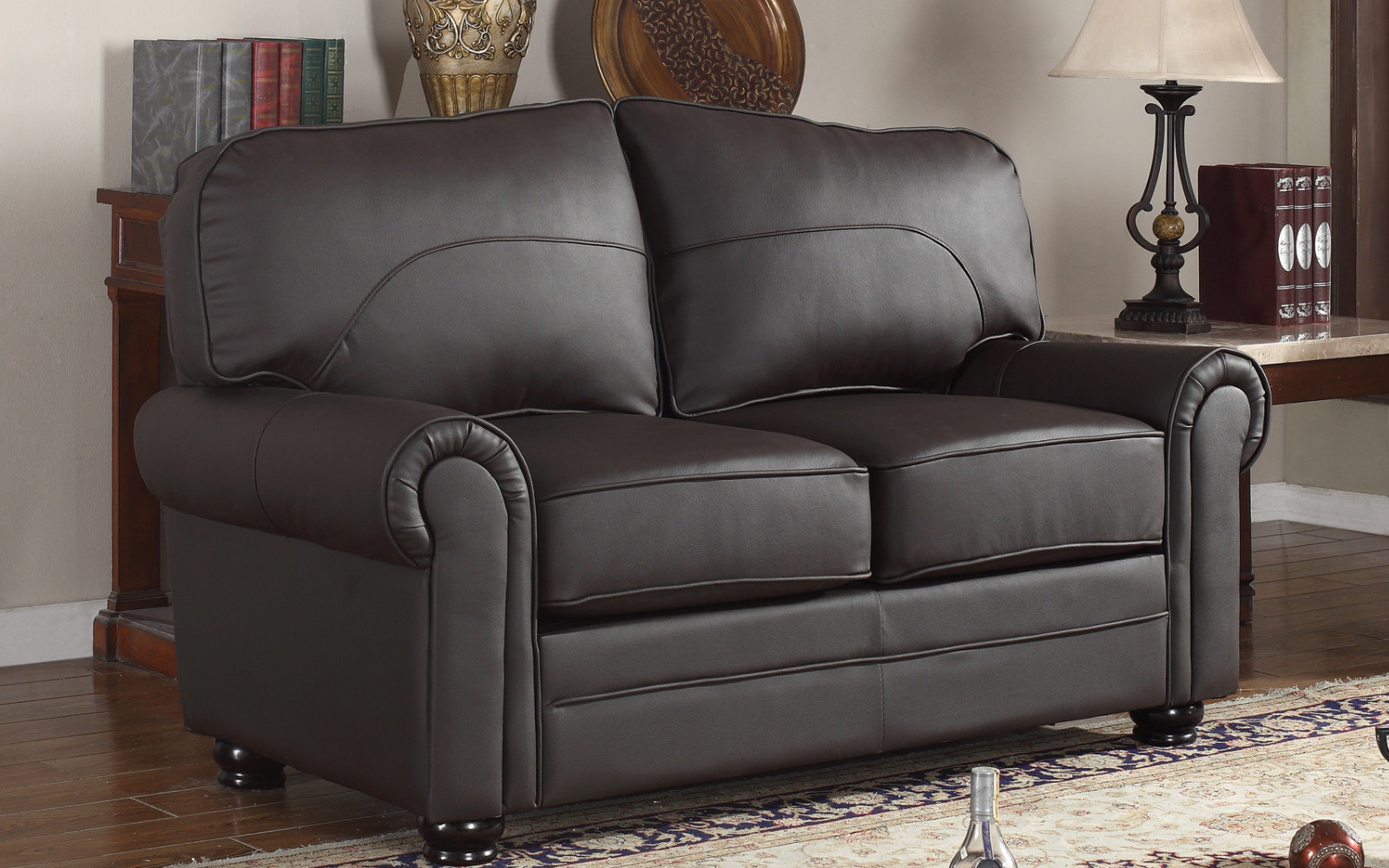 Traditional REAL Leather Upholstered Scroll Arm Loveseat