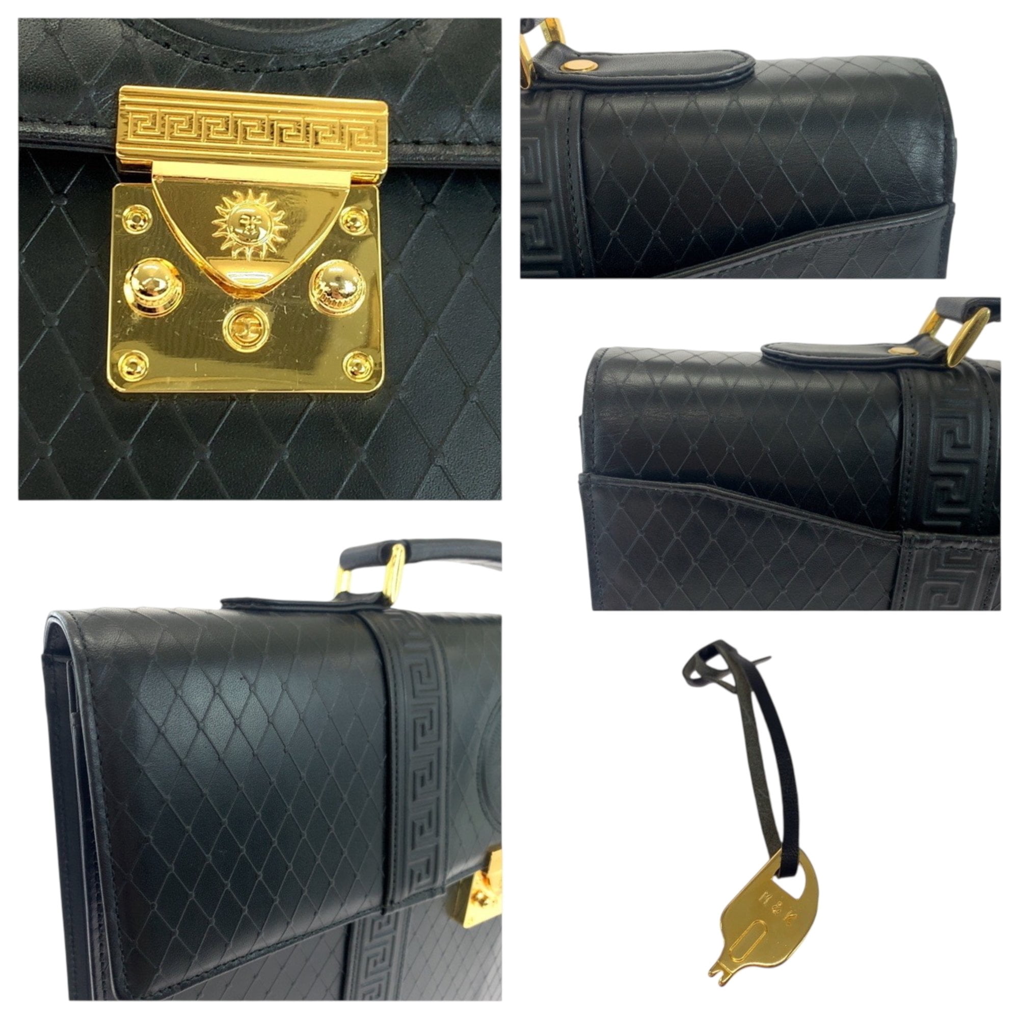 Pre-Owned Gianni Versace Vintage Sunburst Black Leather Business Briefcase with Gold Hardware...