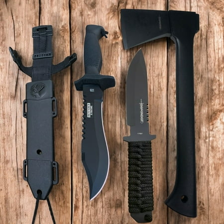 3pc Black Tactical Set Hunting Survival Fixed Blade Knife Full Tang Bowie Camping Axe Hatchet Outdoor
