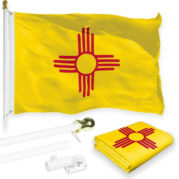 G128 Combo Pack: 6 Feet Tangle Free Spinning Flagpole (White) New Mexico NM State Flag 3x5 ft Printed 150D Brass Grommets (Flag Included) Aluminum Flag Pole