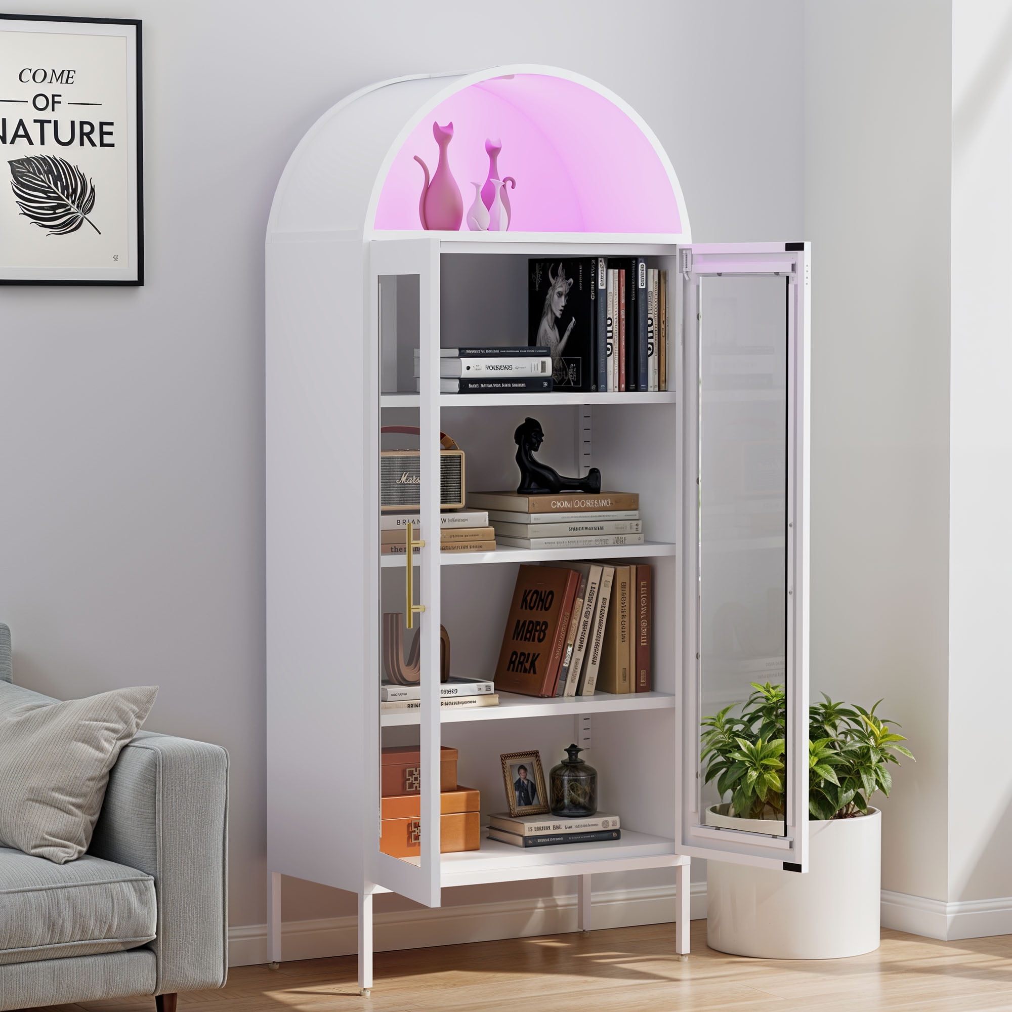 Uforic Metal Display Cabinet with LED Lights & Glass Doors, Arched Storage Cabinet, White