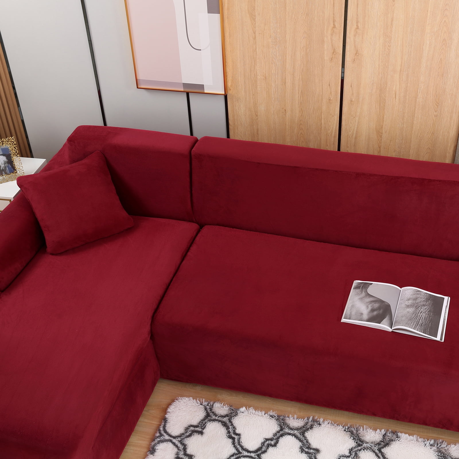 SHANNA Sectional Sofa Slipcovers Thick Velvet L Shape Couch Covers, 2Pcs Stretch Anti-Slip Sofa Covers 3 Seater + 3 Seaters Chaise Cover Furniture Protector,Burgundy