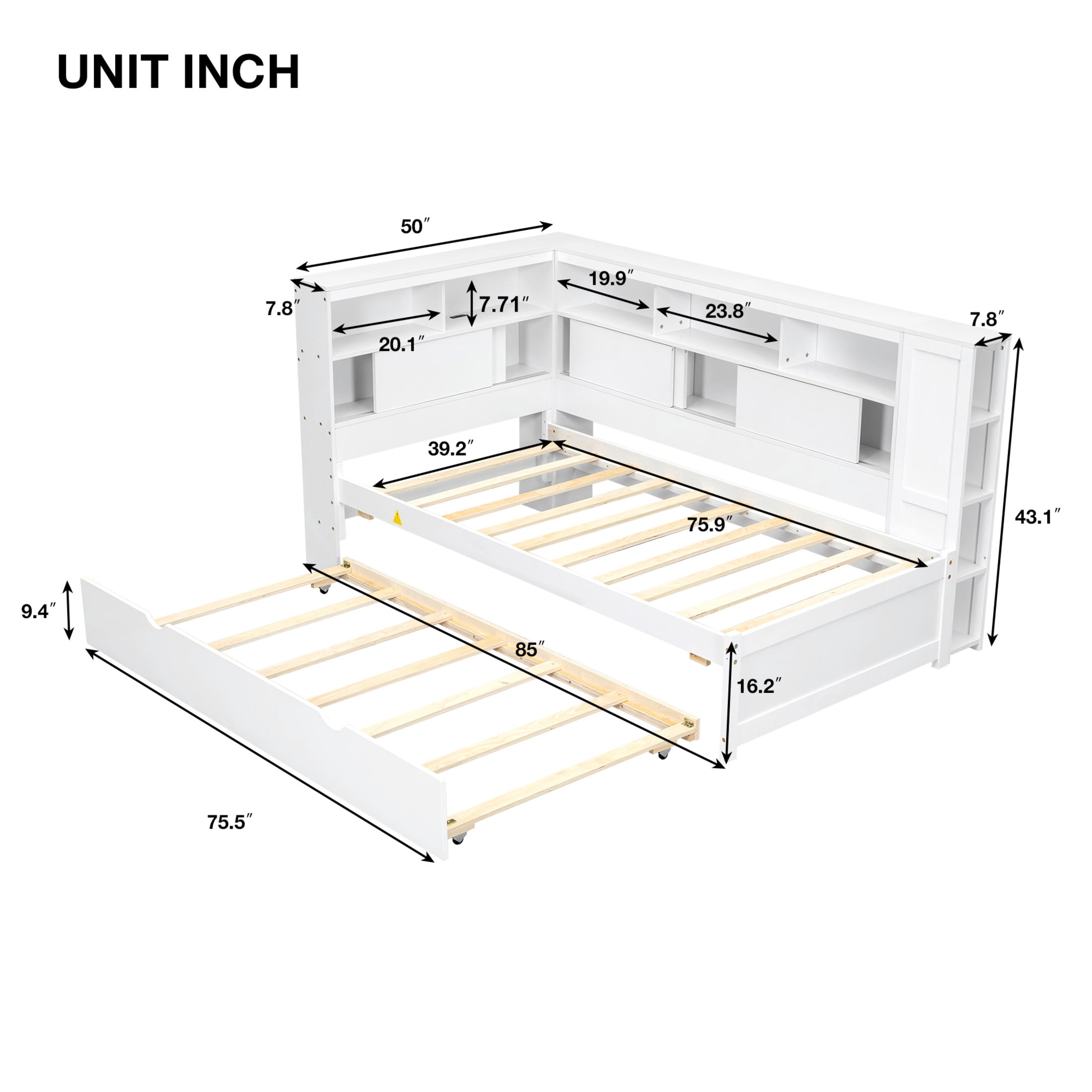 Noble House Ladd Twin Daybed with Storage Shelves and Twin Trundle, USB Charging Station, Pine Wood Frame, White