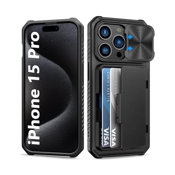 Eryueer for iPhone 15 Pro Case Wallet with Card Holder & Slide Camera Cover & Kickstand, Military Grade Drop Protection Rugged Shockproof Protective Case for iPhone 15 Pro 5G 6.1", Black