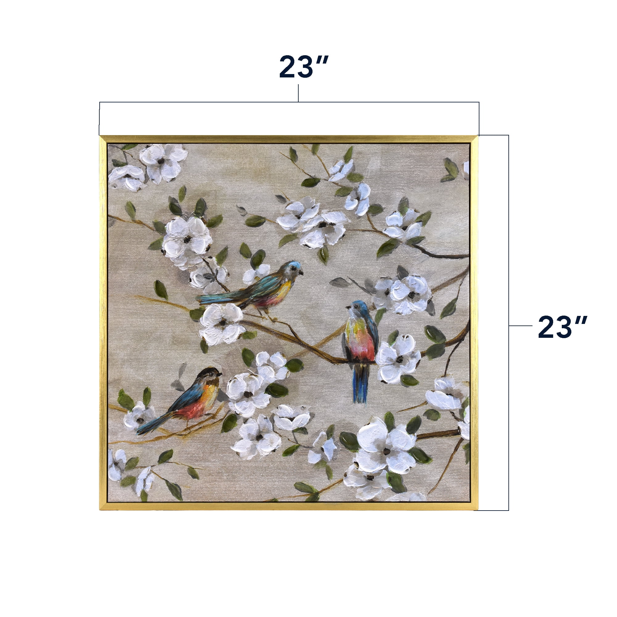 Crystal Art Gallery 23x23 Framed Picture Frame Wall Art Canvas Print, Three Birds & White Floral Branches, Gold Farmhouse Frame