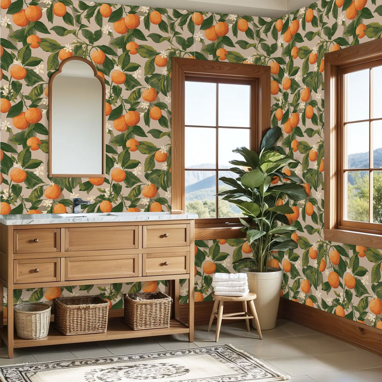 Peel and Stick Wallpaper Orange Tree Branches Bright Tangerine Fruits White Wall Mural 23.6in x 9.8ft Self Adhesive Removable Wall Paper Renter Friendly Wallpaper for Nursery Bedroom Cabinets
