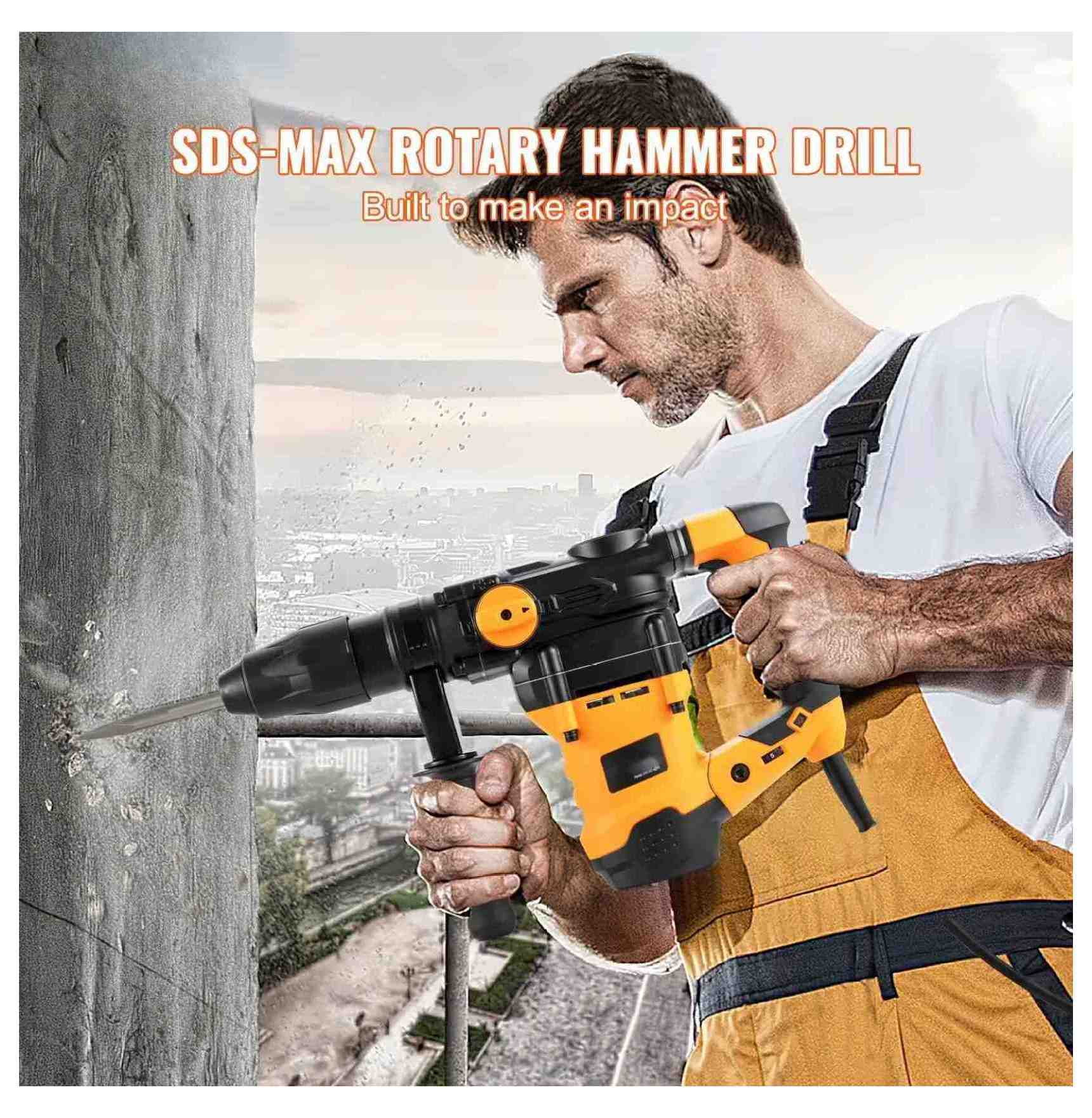 Rotary Hammer Drill Corded, 1-9/16" SDS-MAX, 10J Impact Energy, 2 Mode Chipping Hammer, Heavy Duty Concrete Drill for Demolition & Construction