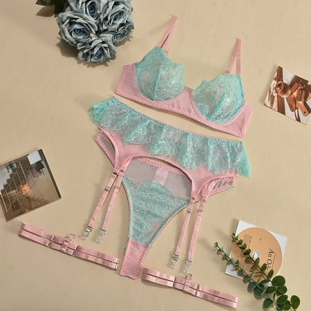 Generic Popular Sexy Bra Sheer Mesh Lace Contrast-Color Stitching Sexy Lingerie 4-Piece Set for Women