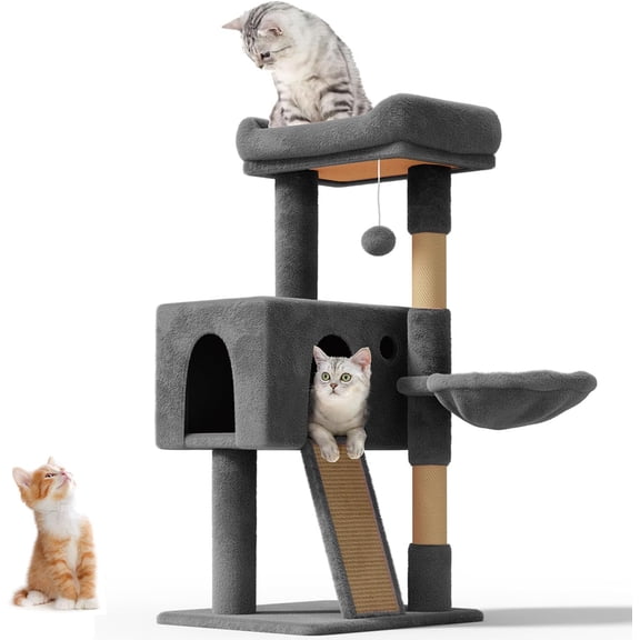 QHTERCat Tree Tower for Indoor Cats Large Adult,Cute/Tall Modern Cat Tree for Big Cats 20 lbs,Plush Multi-Level Cat Condo with Scratching Posts,Hammock, Dangling Ball (Smoky Gray, 36 inch)