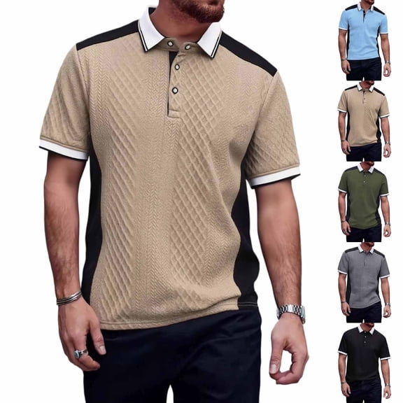 Afuyipoi Men's Fashion Jacquard Polo Shirt, Casual Short Sleeve Color Block Lapel Top, Stylish Patchwork Contrast Summer Polo, S-3XL Gray Size L