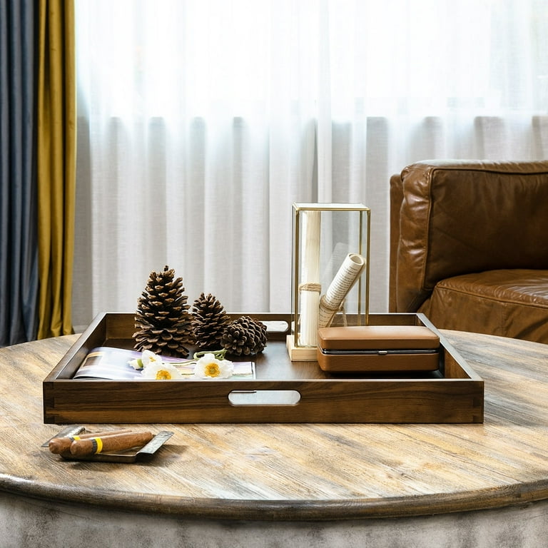 Square Black Walnut Wood Serving Tray Ottoman Tray with Handles 24