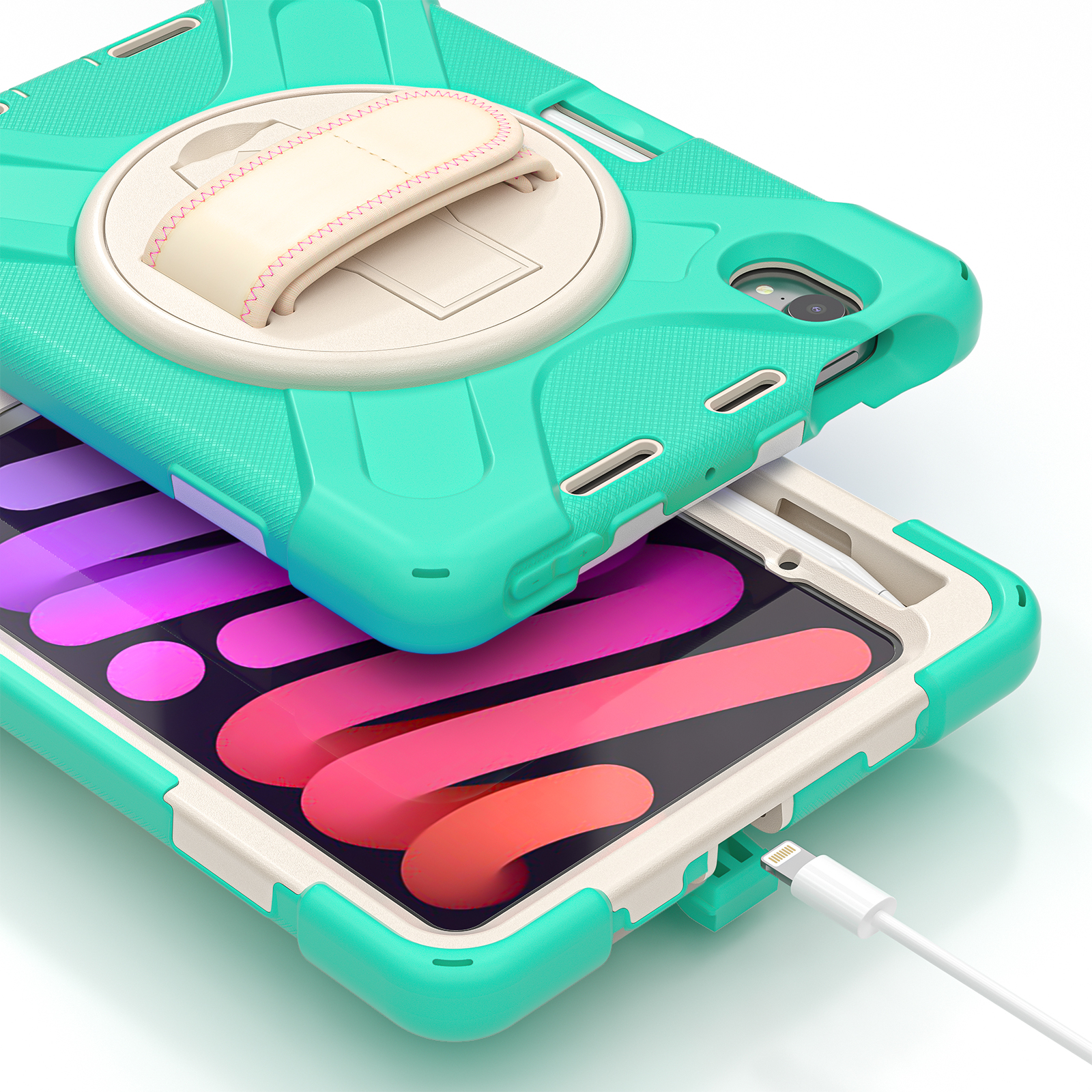 Portable Rugged Case for 2021 Apple iPad Mini 8.3" (6th Generation 2021 Release) - Rotating Stand Case with Adjustable Hand/Shoulder Strap, Built-in Pencil Holder, Shockproof Hard Cover (Mint Green)