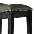 thumbnail image 4 of Maven Lane Adrien 26" Wood Counter Height Stool - Handcrafted Aged Black Finish with Charcoal Black Vegan Leather Upholstered Saddle Seat for Comfort - Durable Barstool for Kitchens, Dining Rooms, 4 of 7