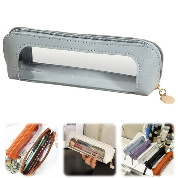 Clear Makeup Bag, PU Leather Mini Makeup Pouch Portable Makeup Brush Case Transparent Waterproof Cosmetic Organizer Pouch with Zipper for Women Home Travel Office Makeup Storage (Grey)