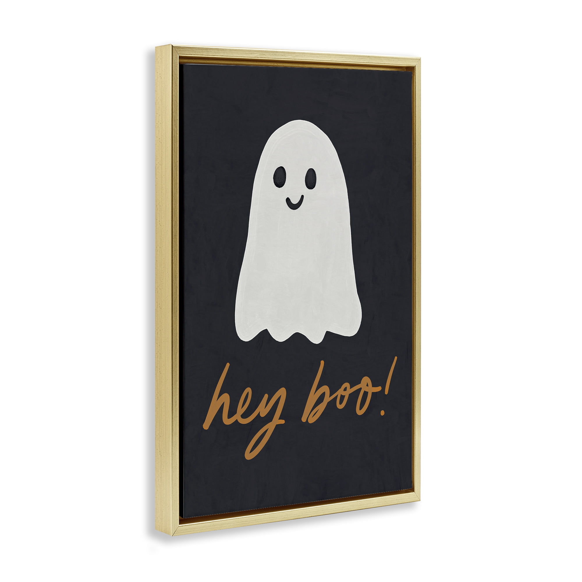 Stupell Industries Hey Boo Spooky Ghost Holiday Painting Gold Floater Framed Canvas Art Print Wall Art, 17 x 25