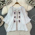 thumbnail image 4 of Vintage Blouse for Women V Neck Lace-up Embroidered Flare Sleeve Camisas Ethnic Style Loose A-line Blusas Mujer Summer Dropship, 4 of 6