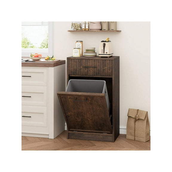Studyset Fluted Tilt Out Trash Can Cabinet Kitchen Waste Bins,Hidden Garbage Can Cabinet 10 Gallon,Freestanding Dog Proof Trash Can Cabinet,Wooden Trash Can Hidden Trash Bin