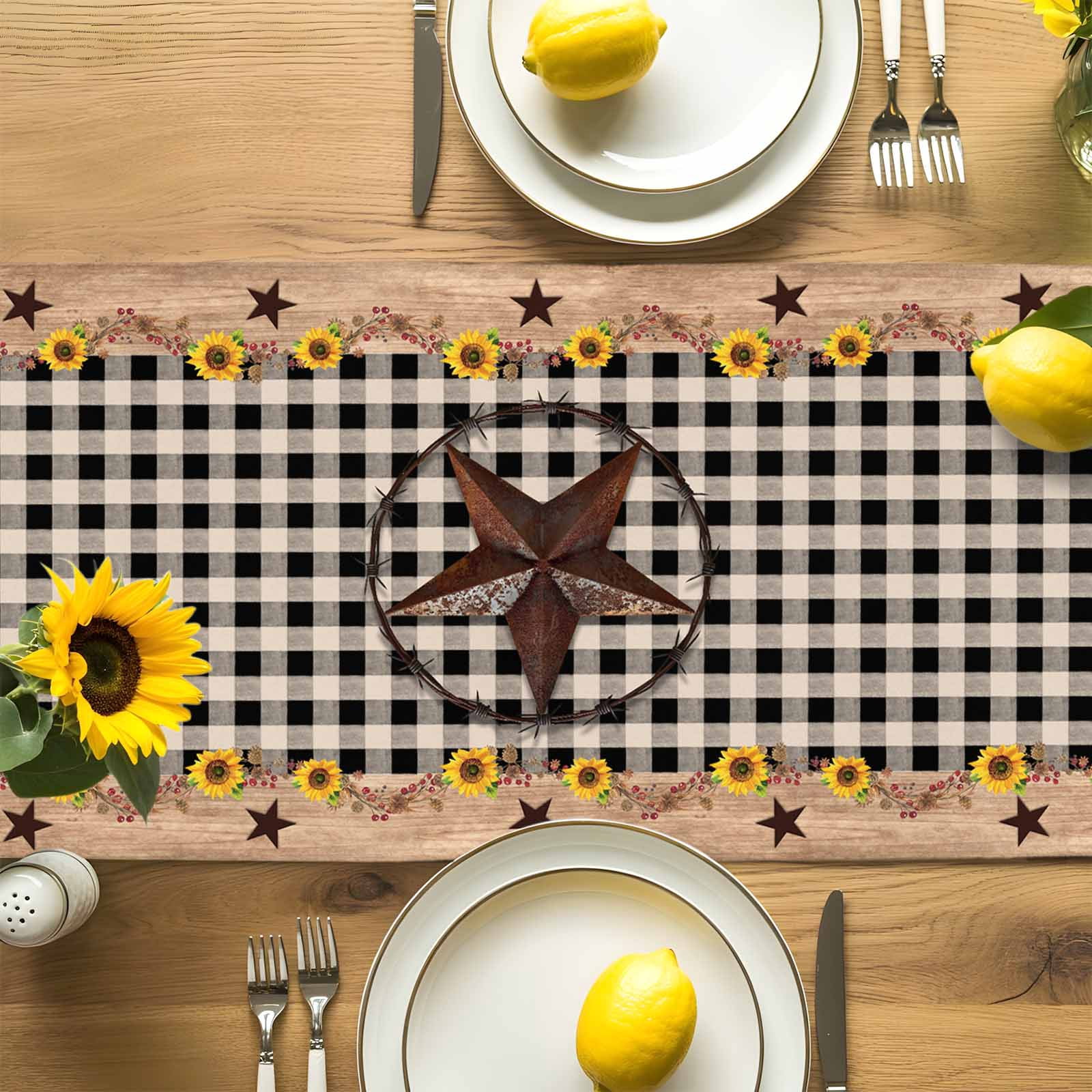 Farm Star Sunflower Wood Grain Table Runner 90 Inches Long, Black Buffalo Plaid Table Runners Tabletop Scarf Kitchen Dining Tables Decoration for Home Party Indoor Outdoor