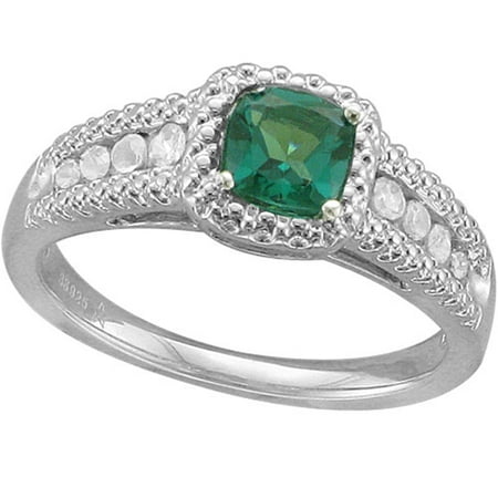 .78 Carat T.G.W. Cushion-Shaped Emerald and White Sapphire Fashion Ring in Sterling Silver