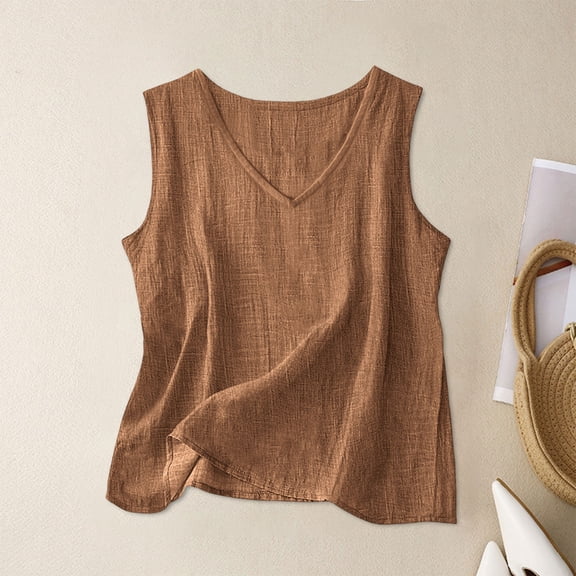 Womens V Neck Linen Tank Tops Sleeveless Loose Fitting Lightweight Casual Summer Blouse Coffee XXL