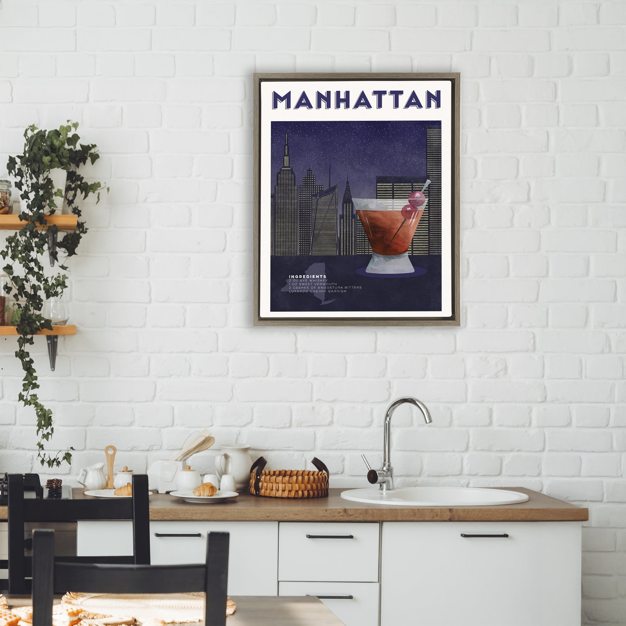 Retro Manhattan Cocktail Cityscape Brown Framed Floater Canvas Wall Art, design by Brett Blumenthal