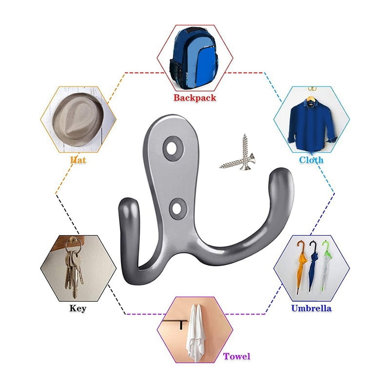 Silver Dual Coat Hooks Wall Mounted Hanging Clothes for Bathroom Bedroom Door Wall Double Prong Robe Hook with Screws 