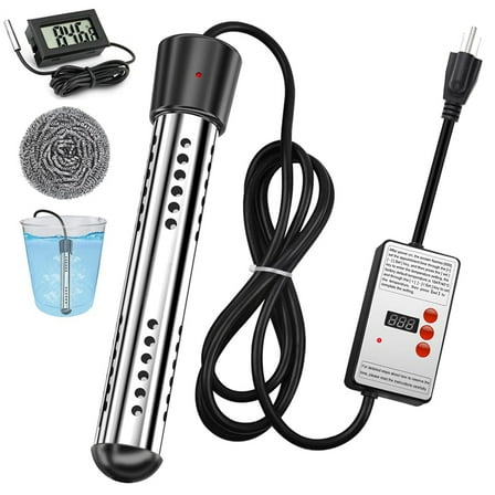 Water Heater,1500W Portable Electric 304 Stainless Heaters,for Pool Tub Buckets Motorhome Camping Outdoor Us Plug,1 x Water heater 1 x Thermometer 1 x Steel Wire Ball,Black