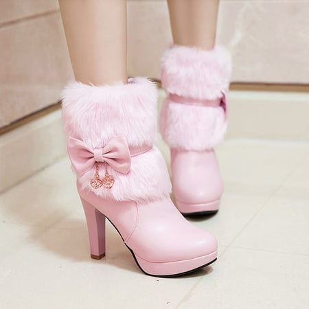 

TALKVE Women s Autumn And Winter Artificial PU Medium Fluff Warm Bowknot Waterproof Platform Thick Heel High Heel White Pink Snow Boots
