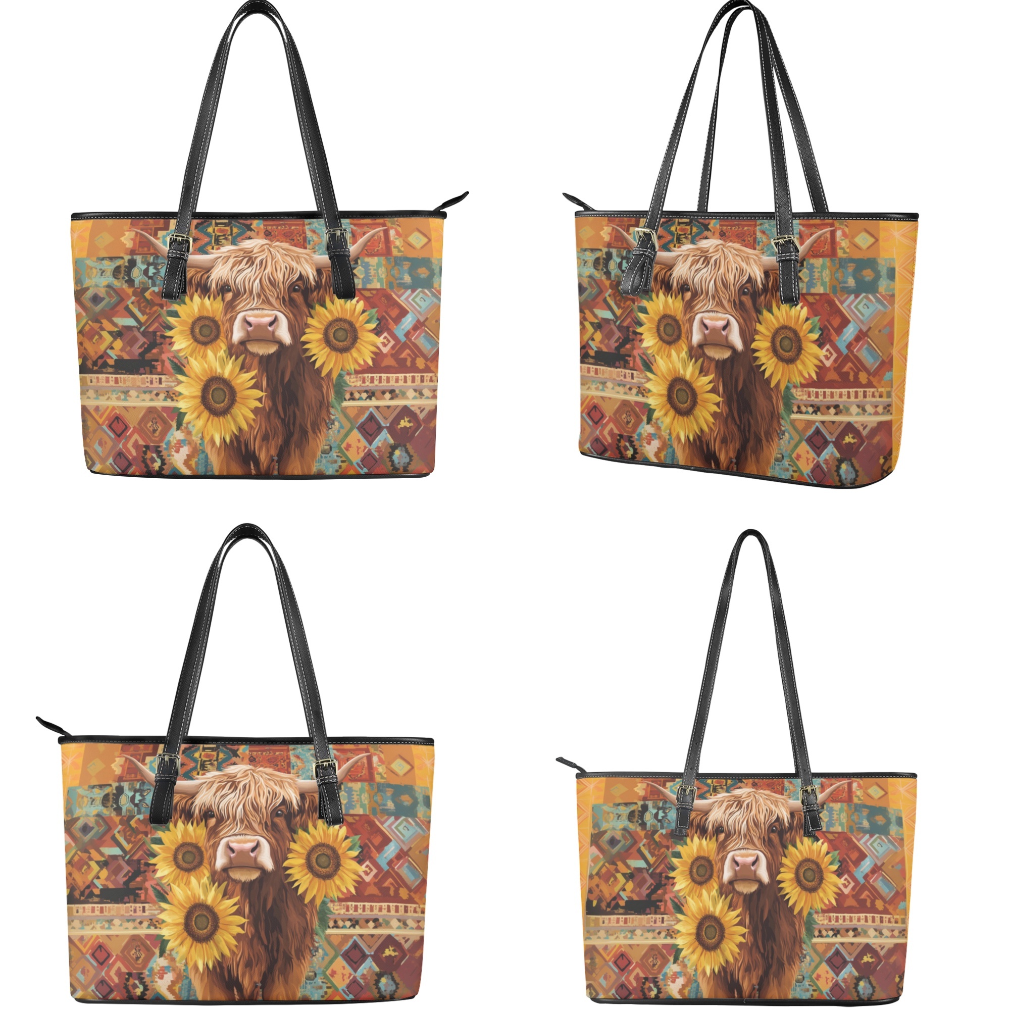 ZUXONGSY Aztec Highland Cow Sunflower Print Large Capacity Shopping Tote for Women Waterproof Handbag and Wallet Set for Shopping Work