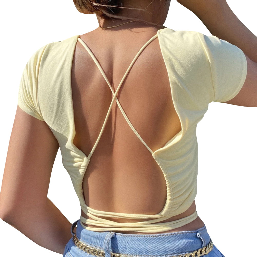 Listenwind Backless Shirt Sexy Women Summer Solid Lace Up T-Shirts Slim  Female Cropped Tops Streetwear Basic Tops 