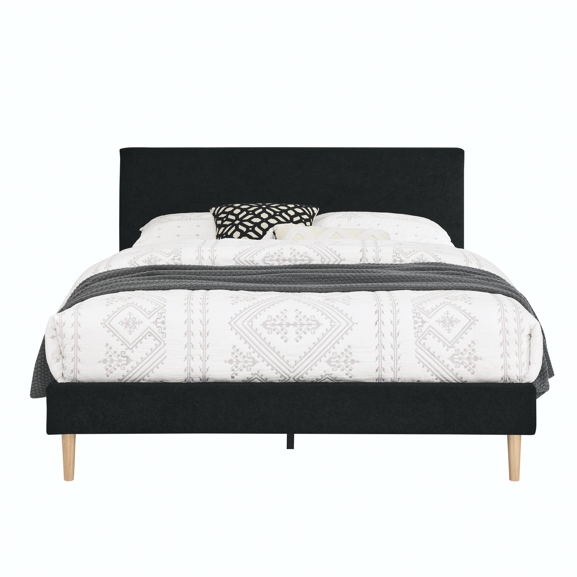 BSHTI Livingroom Design Modern King Size Platform Bed Frame with Upholstered Headboard and wood slats support for Livingroom,No Box Spring Needed