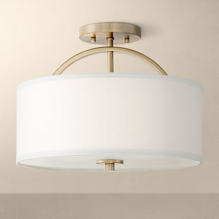 Possini Euro Design Halsted Modern Ceiling Light Semi Flush Mount Fixture 15  Wide Warm Brass 2-Light Oatmeal Linen Drum for Bedroom Living Room House