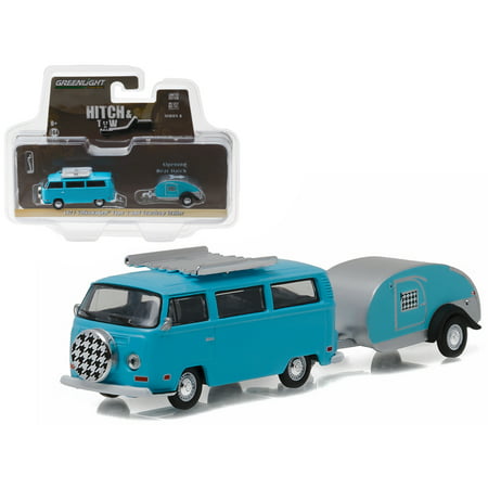 1972 Volkswagen Type 2 Bus Blue and Teardrop Trailer Hitch & Tow Series 8 1/64 Diecast Model Car by