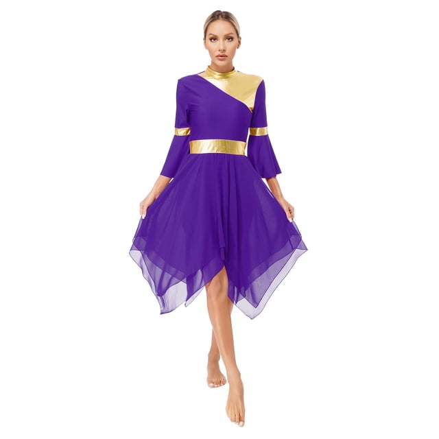 RUNQHUI Robe de Danse Métallique pour Femmes, une Épaule, Manches Évasées, Tenue de Danse Lituricale, Tunique de Danse Violette S