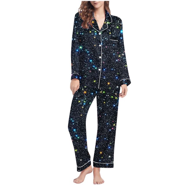 Pyjamas pour Femmes, Mode Décontractée Imprimée Manches Longues Pantalon Ample Col à Revers Bouton Poche, Ensemble de Pyjama pour Femmes