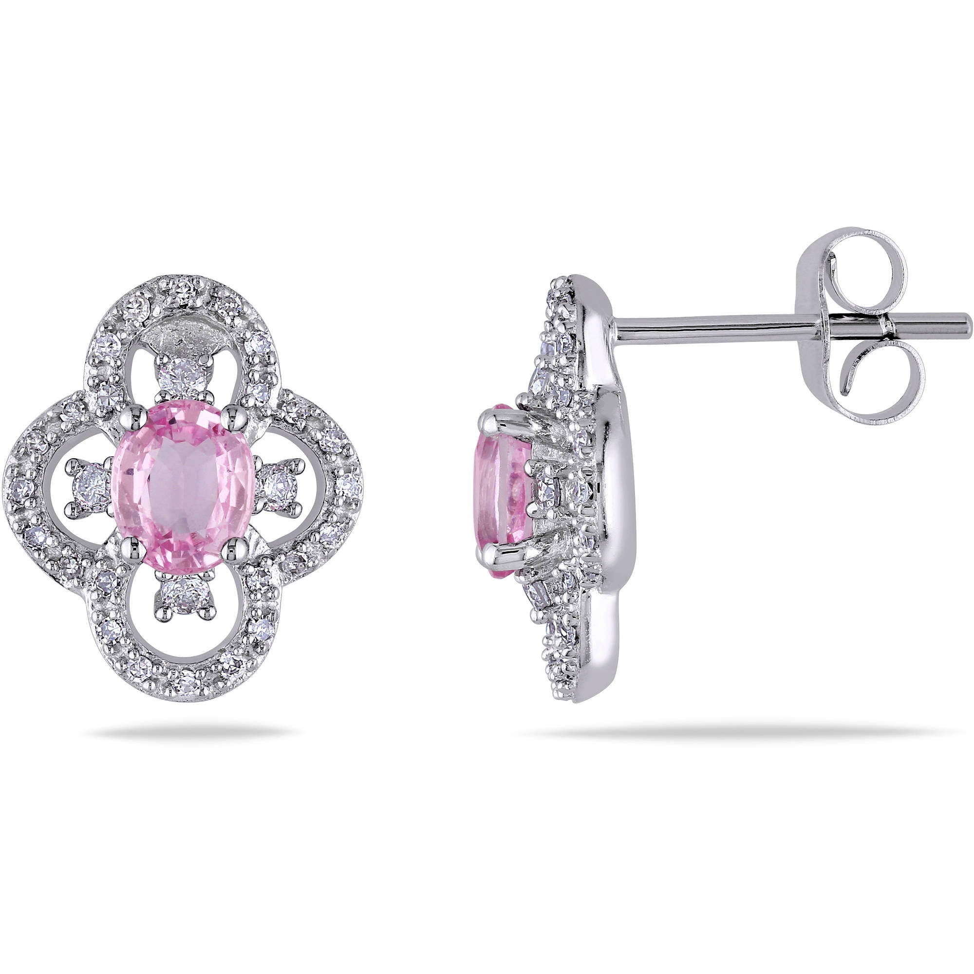 7 8 Carat T.G.W. Pink Sapphire and 1 4 Carat T.W. Diamond 10kt White Gold Stud Earrings by Generic