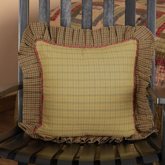 Rustic Throw Pillow 16x16 Tea Cabin Ruffled Plaid Green Tan Red Country TCC Brands