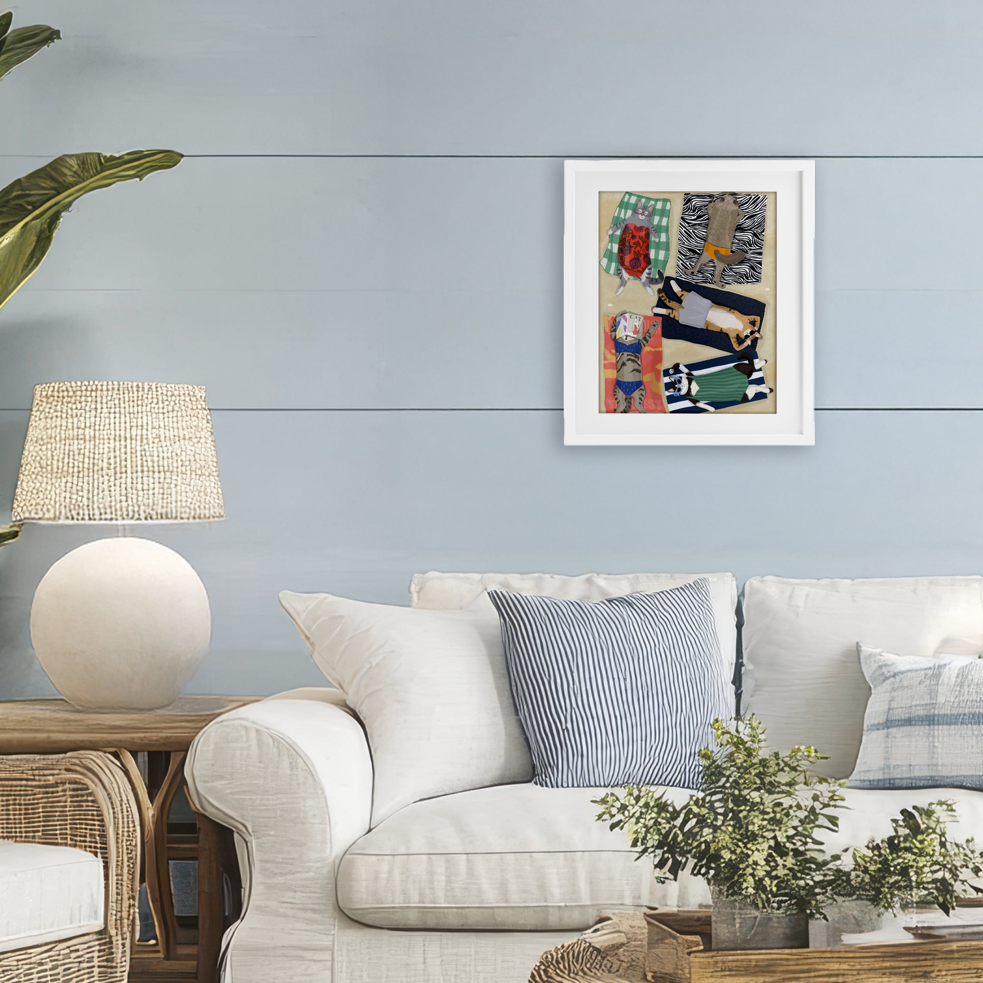 Stupell Industries Summer Sunbathing Cats White Framed Print Under Glass, design by Hanna Melin