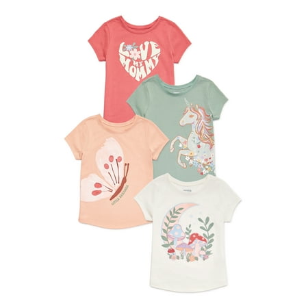 Garanimals Baby and Toddler Girls Short Sleeve Graphic Tee, 4-Pack, Sizes 12 Months-5T