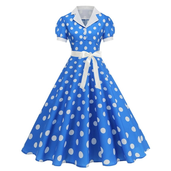 ZQUUVOU Women 50S Vintage Short Sleeve Collar Retro Swing A Line Midi Summer Dress Evening Prom Gown Blue,L