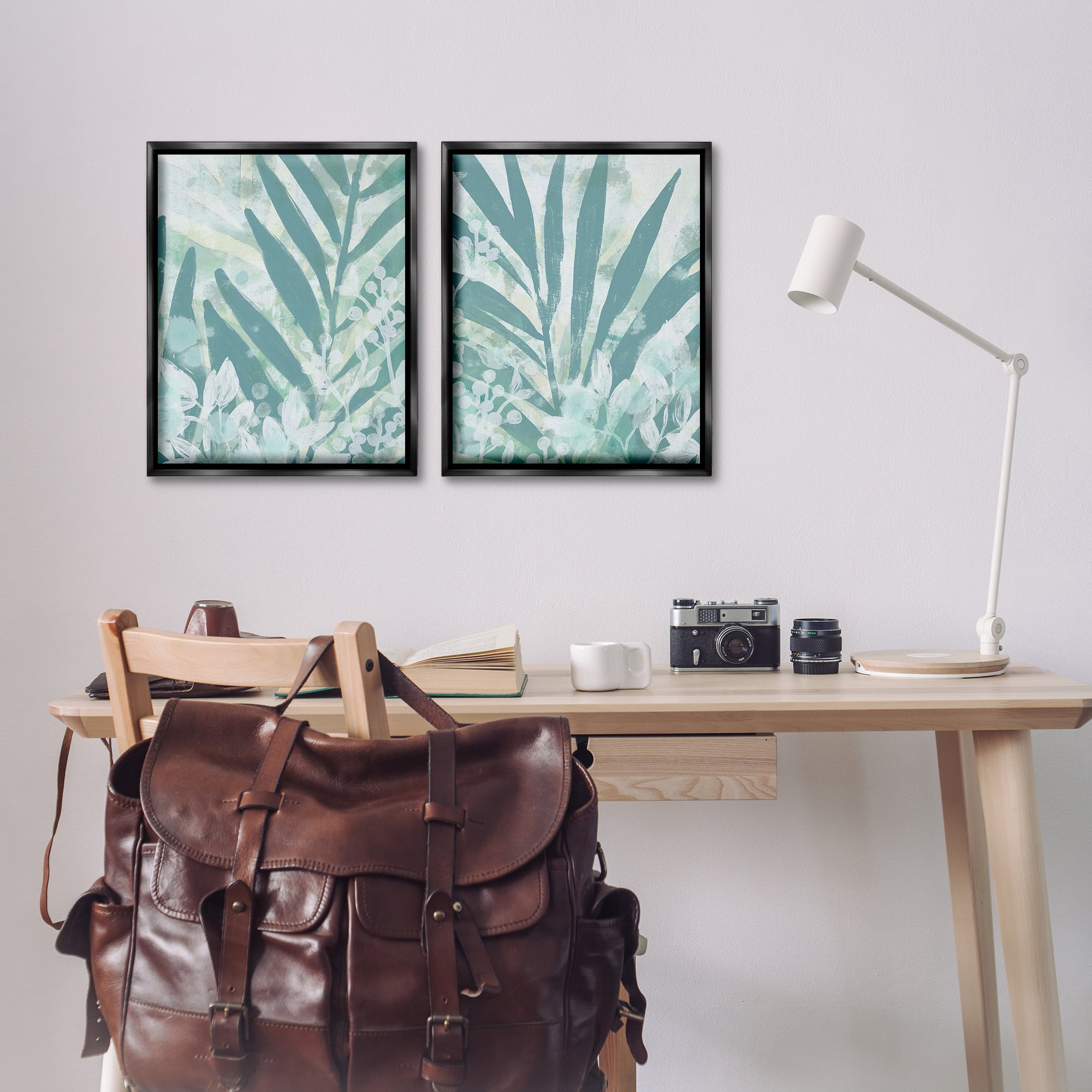 Stupell Industries Teal Palm Fronds Plants & Flowers Painting Black Floater Framed Canvas Art Print Wall Art, 17 x 21, Set of 2