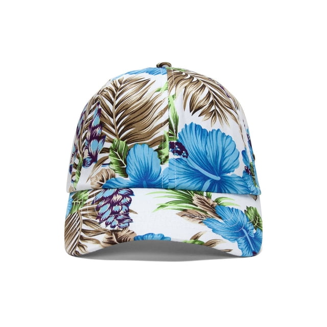 Chapeau Floral Profil Bas Non Structuré - Blanc avec Fleurs Bleues