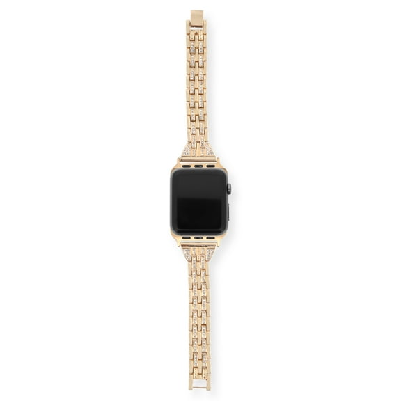 Adult Ladies Yellow Gold Metal Adjustable Replacement Strap with Clear Crystals With Matching Watch Case Bumper Cover. This 2 Piece Set Is Compatible With Apple Watches Sizes 38- 41 MM.
