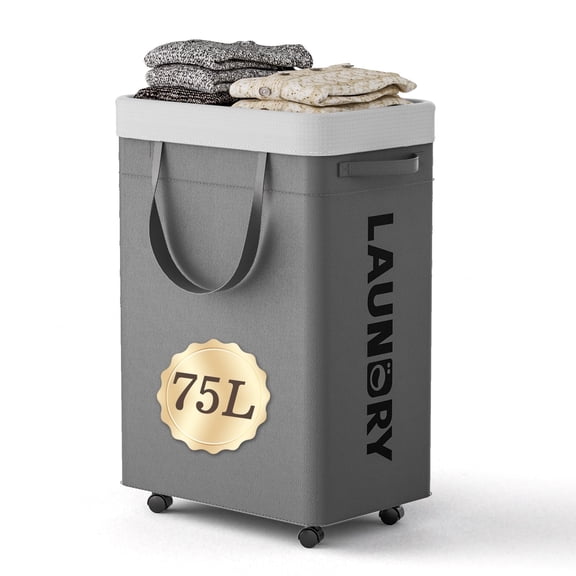 LazySpin Slim Laundry Hamper with Wheels, 75L Rolling Laundry Basket with Removable Bag