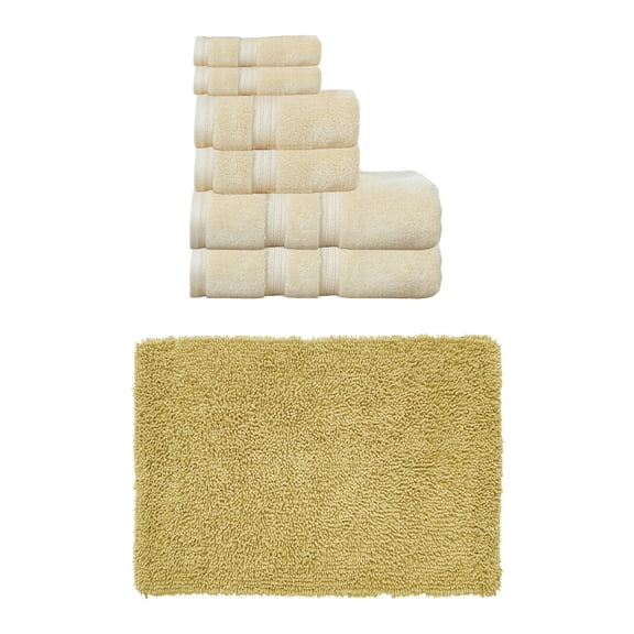 Home Weavers Fantasia Collection 100% Soft Cotton Super Absorbent 6 Pcs Towel Set & 1 Pc 21x34" Bath Rug, Machine Washable & Non Slip (Set of 7), Yellow